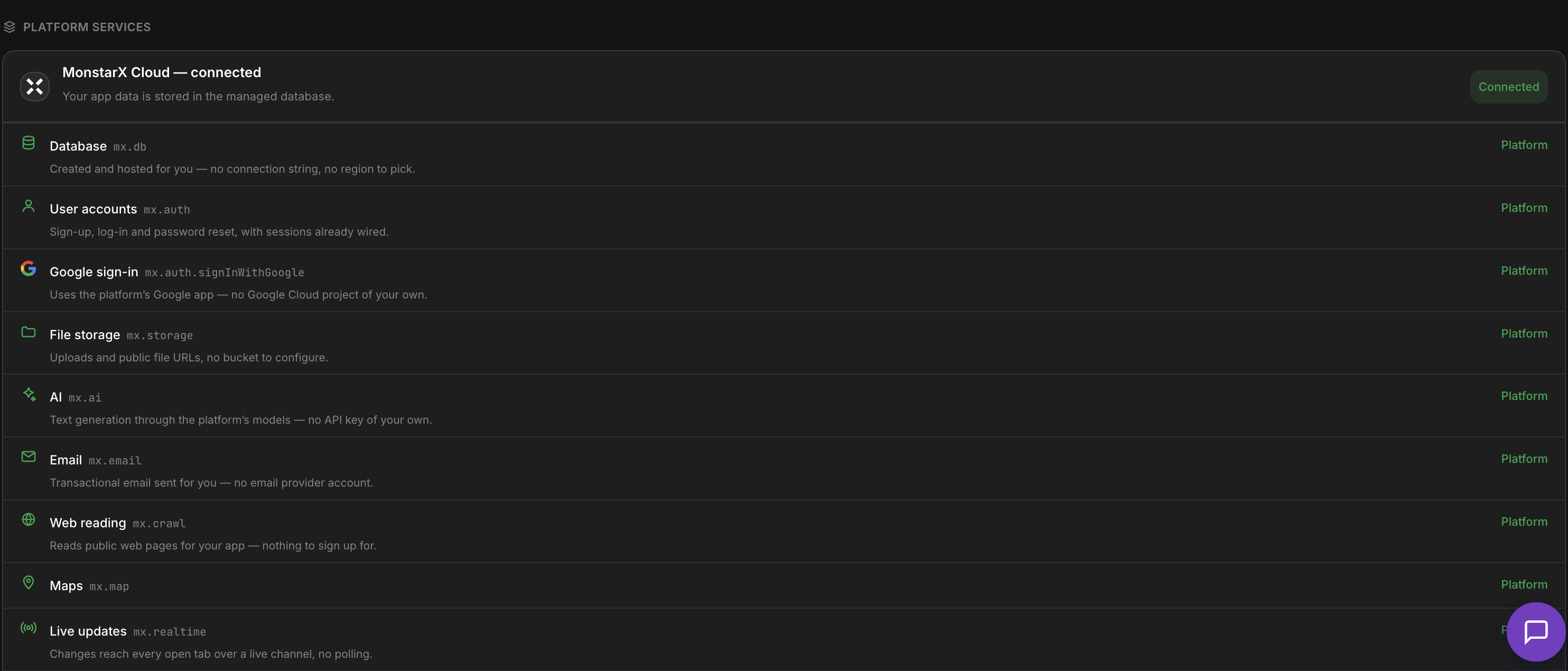 Connectors tab showing MonstarX Cloud connected under Platform services